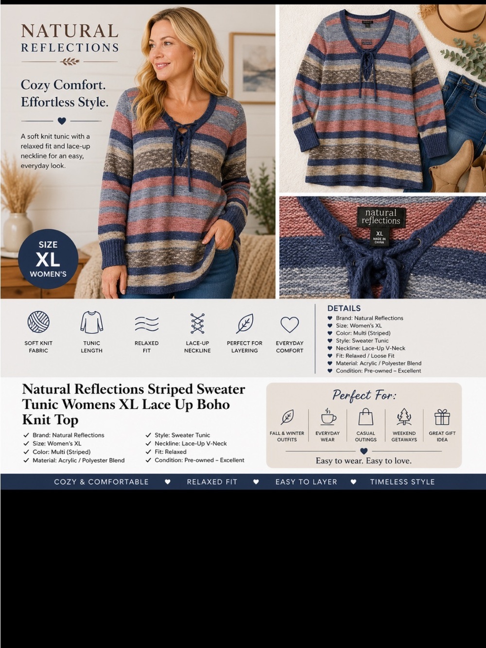 Natural Reflections Women’s Sweater Tunic Stiped Loose Knit Nautical Boho XL